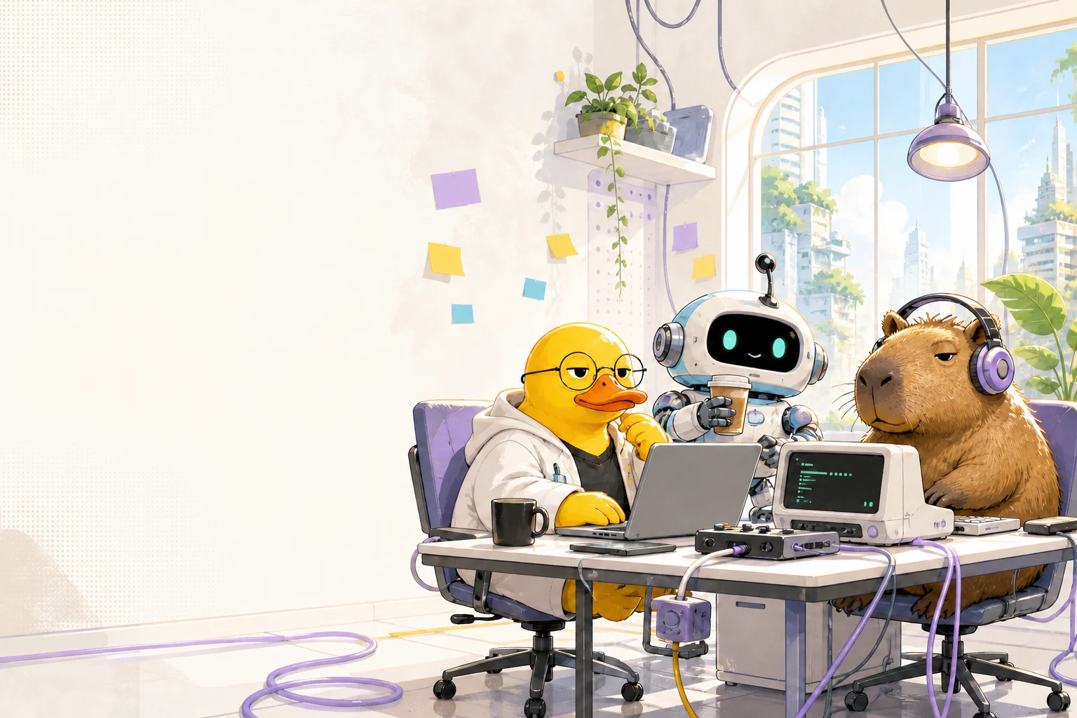A duck, a friendly robot, and a capybara working in a sunny AI lab